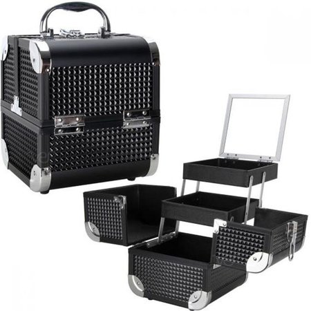 VER VER VK008-151 Black Ice Cube 2-Tiers Extendable Trays Cosmetic Makeup Train Case with Mirror & Brush Holder VK008-151